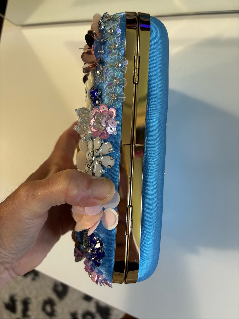 bebe Blue Floral Sequin Evening Clutch with Gold Handle - Picture 6 of 8